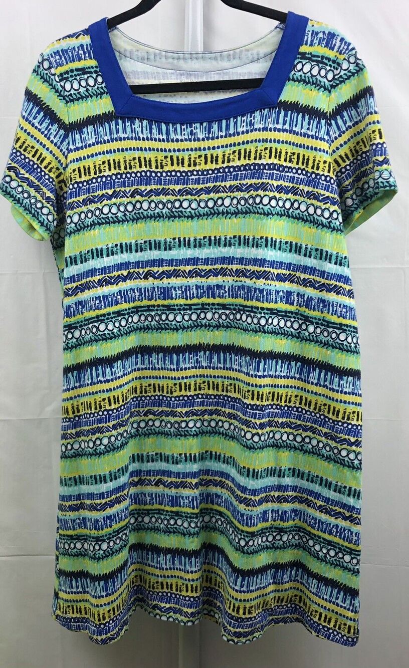 Kim Rogers Dress Women L Blue Multi Geo 100% Cotton Square Short Sleeve Stretch
